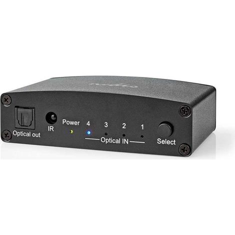 Conmutador de audio digital 4 vias entrada de conexion alimentacion cc 4x toslink salida de conexion toslink hembra control remoto manual boton metales negro