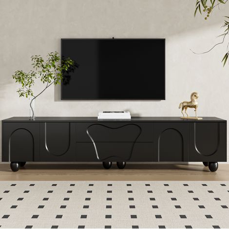 Meuble TV en panneaux de particules noir mat 180x40x42 cm, pieds en bois massif, rangements avec tiroirs et compartiments (1/5)