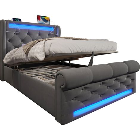 Lit capitonné moderne une place 90x200 cm, lit capitonné avec éclairage LED, tête de lit de rangement avec ports USB et Type-C, lit de rangement hydraulique, gris, velours (sans matelas)
