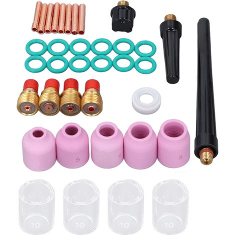 Kit de 37 accessoires pour torche de soudage TIG : buses en céramique, coupelles en verre, lentilles à gaz, pinces, joints toriques, capuchons arrière, capuchon avant en PTFE (1/5)