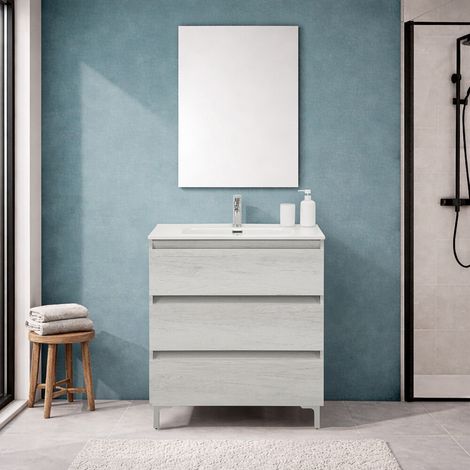 Mobile bagno a terra 80 cm in quercia bianca con lavabo e specchio Leda (1/5)