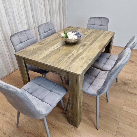 Dining Table and 6 Chairs Rustic Effect Wood Table 6 Grey Velvet Chairs Dining Room (1/5)