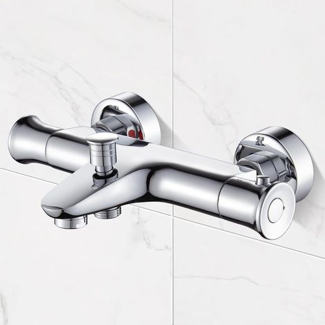 Mitigeur Baignoire Thermostatique avec Bouton de Sécurité 38 °C, Robinet Thermostatique pour Baignoire, Chromé Moderne (1/5)
