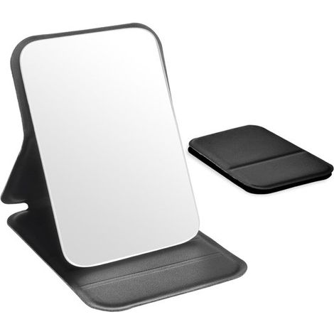Miroir pliable compact - 10,5 x 7 cm - Petit miroir de maquillage portable à glisser dans votre poche ou votre sac - Mini miroir de voyage pliable avec support de table - Miroir de poche - Noir (1/2)