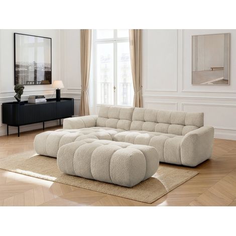 BOBOCHIC - Canapé d'angle fixe JAYA tissu chenille avec pouf Angle gauche  Beige