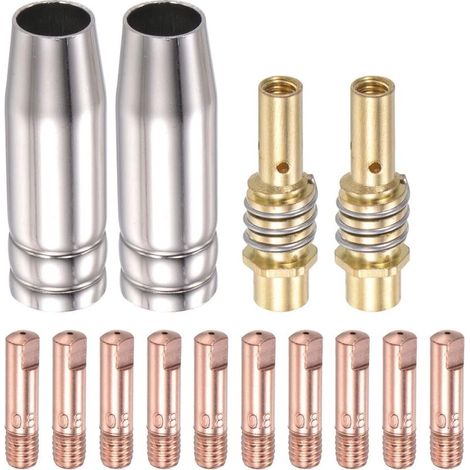 Kit de accesorios para soplete de soldadura MIG (gas inerte): boquilla con punta de contacto conductora de 0,8 mm y barra de conexión. Consumibles 15AK, 14 piezas. (1/4)