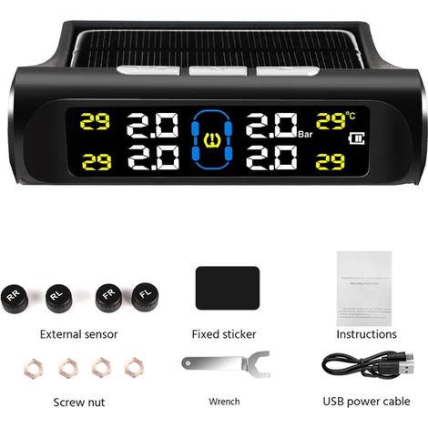 (4-Externe) Système de surveillance de la pression des pneus, capteurs de véhicule solaires, alarme de température, avertisseur de pression des pneus (1/5)