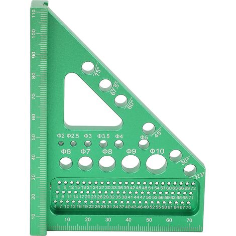 Équerre multifonctionnelle 3D multi-angles, verte, avec graduation métrique et goupille de positionnement. (1/5)