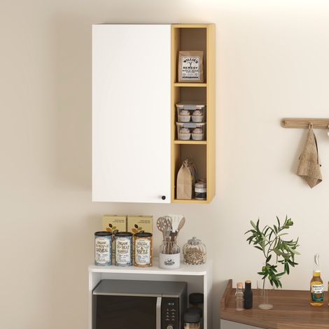Armoire blanche et bois pour salle de bain, 59,5x30x90 cm, étagères ouvertes réglables, 3 tablettes incluses