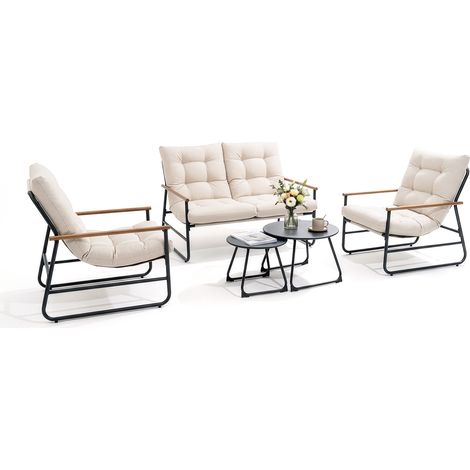NATURAL EXPRESSIONS Salon de jardin 5 pièces beige clair, ensemble lounge extérieur en aluminium pour balcon et terrasse, canapé 2 places, 2 fauteuils et 2 tables basses, tissu oléfine, coussins amovi (1/5)