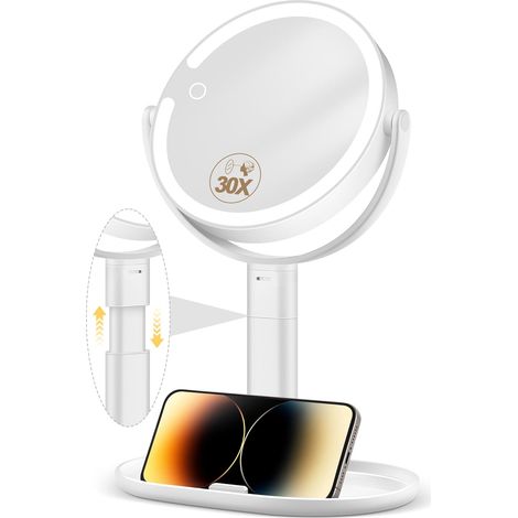 1 Miroir cosmétique double face, grossissement 30x, 64 LED, 3 couleurs, rotation 360°, batterie 3000 mAh, blanc (1/5)