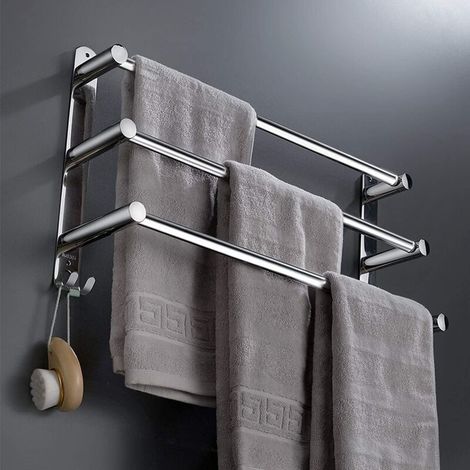 Handtuchhalter aus Edelstahl für Badezimmer, ausziehbare, wandmontierte Handtuchstangen, selbstklebende Ebenen ohne Bohren, Hotelausführung (silber, 3-lagig)