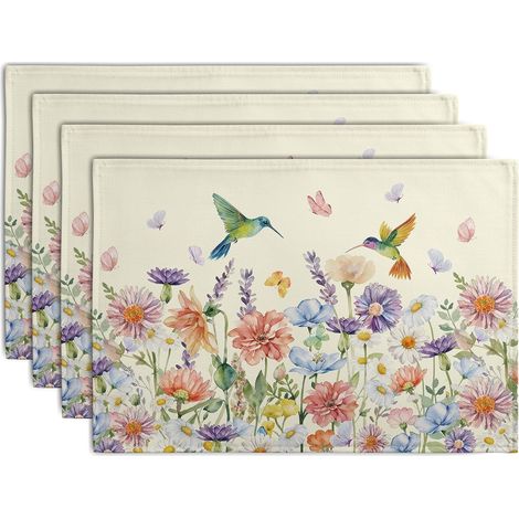 Sets de table printaniers et estivaux à motifs floraux et d'oiseaux (lot de 4), aquarelle, colibris et papillons, 30 x 45 cm, fleurs sauvages et herbe, style champêtre, en lin, pour la cuisine et la s (1/5)