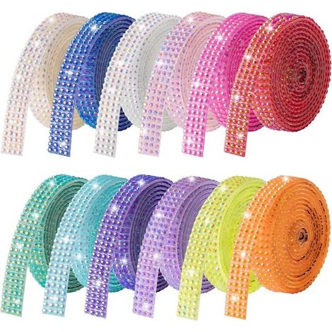 12 rouleaux - Ruban adhésif strass - Ruban adhésif orné de strass - Largeur 10 mm - Ruban strass - Bande pailletée - Sticker décoratif à faire soi-même - Idéal pour les projets de loisirs créatifs et (1/5)