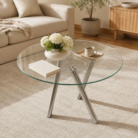 Tavolo da pranzo rotondo Ø 89 cm in vetro temperato con gambe in metallo argentato (1/5)
