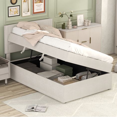 Lit adulte rangement 90x200 bois beige minimaliste OKMYHOME (1/5)