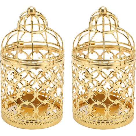 Lot de 2 bougeoirs en forme de cage à oiseaux - Bougeoirs en métal ajouré, style vintage, élégants et raffinés, pour la décoration de fêtes, couleur or. (1/5)