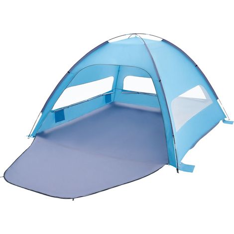 Tente de plage 8 personnes UPF 50+, polyester 190T à revêtement argenté, fenêtres avec rideaux et sac de transport, bleu et gris (1/5)