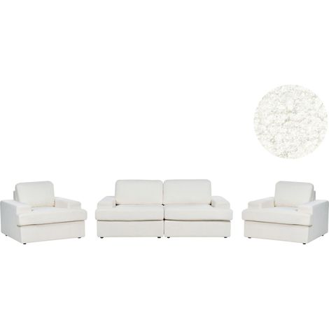 2 Fauteuils et 1 Canapé 3 Places en Tissu Bouclé Blanc Contreplaqué et Bois d'Eucalyptus Alla (1/5)