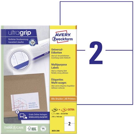 Avery-Zweckform 3655-200 Etichetta universale 210 x 148 mm Carta Bianco 440 pz. A tenuta permanente Stampante a getto d (1/5)