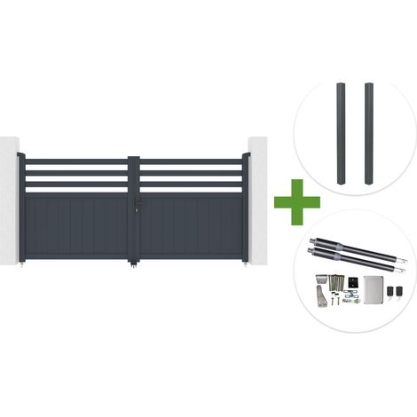 Portail battant 3m NEVIS H.140cm aluminium gris + 2 poteaux ELDA aluminium gris 15x15cm + motorisation Ranger B150 (1/5)