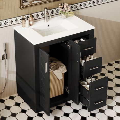 Lavabo autoportant 76x46,5x85,5 cm entièrement peint,3 tiroirs silencieux et double porte amortie,évier intégré,finition noire.