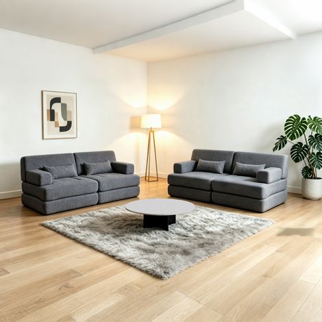 Canapé convertible 4 places - fauteuil-lit modulaire 2-en-1 - chenille et métal - Gris (1/4)