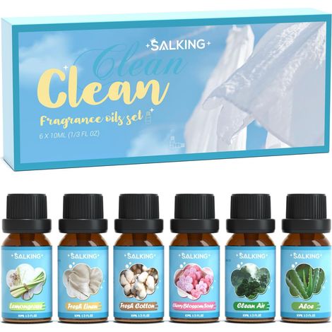 Faire le ménage Huiles Essentielles, 6x10ml Huile Essentielle Bio pour Diffuseurs, Humidificateurs, Massage, Citronnelle, coton frais, lin frais, savon aux fleurs de cerisier, air pur, aloès (1/5)
