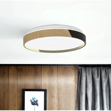 Deckenleuchte LED Metall D: 33 cm IP44 Holz (Eiche) Schwarz rund 4000 K neutralweißes Licht 970 lm
