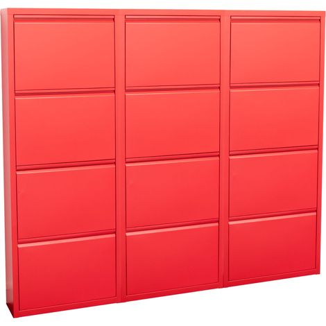 Pisa Armoire à chaussures à 12 rabats/portes en métal, rouge. Livré entièrement monté.