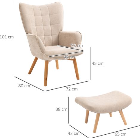 Un fauteuil relaxant en tissu velours côtelé avec un dossier haut et des accoudoirs, comprenant un pouf et un repose-pieds (beige). (1/5)