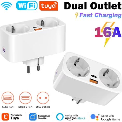 Tuya Presa Doppia Smart WiFi 16A con USB Type-C e Ricarica Rapida GaN 25W (1/5)