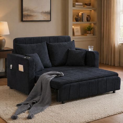 Canapé convertible de chenilla negra 139x83x58 cm con USB, portabebidas y bolsillos laterales (1/5)