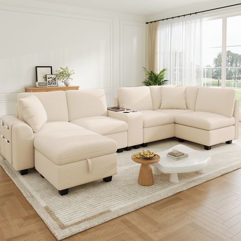Divano angolare modulare 6-7 posti 311x139x85 cm con contenitore, console USB Type-C e rivestimento in ciniglia - beige (1/5)