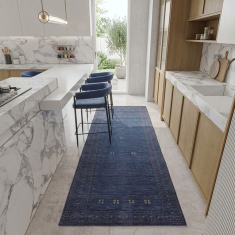 Tapis Loribaft tissé Tapis LuxeWeave - Tapis en laine  - 300x80cm, Rectangular - 100% Laine vierge - Tissé main - Bleu