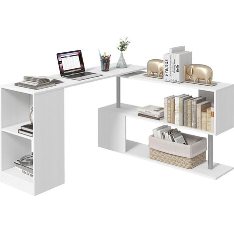 Escritorio esquinero giratorio moderno con librería, mesa de comedor de aglomerado blanco, 140x120x78 cm (1/5)