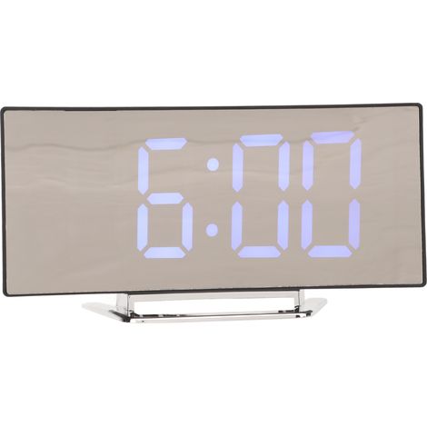 Réveil numérique miroir avec affichage de la température, horloge électronique miroir incurvée à LED, décoration pour chambre à coucher, LED bleue. (1/5)