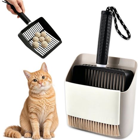 Cat Litter Scoop, 3 Pieces Cat Litter Scoop with Container and Cleaning Broom, Stainless Steel and Metal Scoop with Sieve Function for Litter Cleaning (1/5)