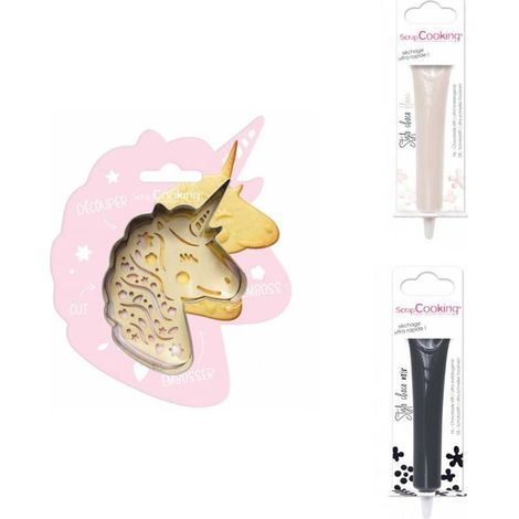 Kit pour biscuit en relief Licorne + 2 Stylos au chocolat blanc et noir