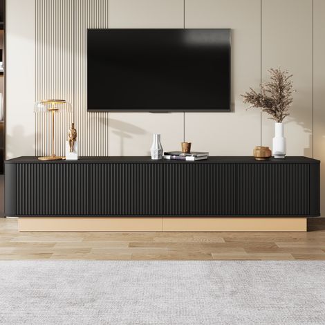Comanlai - Meuble TV bas 200 cm - Banc TV luxe cannelé avec 4 portes grand rangement coins arrondis MDF - Noir (1/5)