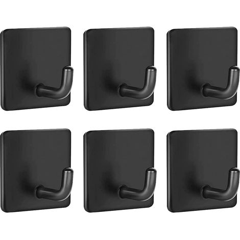 Lot de 6 crochets adhésifs, crochets muraux pour serviettes, supports robustes pour suspension salle de bain, douche, cuisine, porte, placard, armoire, acier inoxydable noir (1/5)