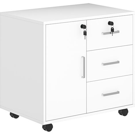 Casier de bureau 3 tiroirs avec armoire 3 étagères réglables, bois blanc, 60x40x56 cm