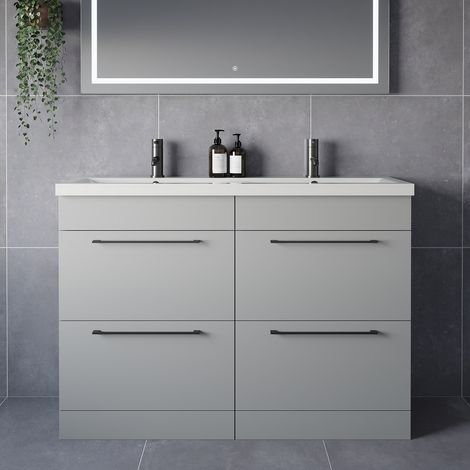 Napoli 390 Gloss Grey Pearl 1200mm 4 Drawer Vanity Unit with Double Glide Basins - 1200mm - Gunmetal Grey 320mm Handle