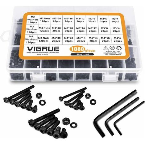 1080 pièces M2 M3 M4 boulons à vis en acier au carbone écrous et rondelles Kit d'assortiment de avec bote de rangement plat (1080 pièces) (1/5)