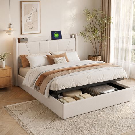 Superaly - Lit Coffre Barométrique 140x200 cm - Tête de Lit Capitonné avec cadre de Rangement - Doubles Ports USB et Type-C - Lit Double en Velours Beige - Sommier à Lattes - Style nordique moderne (1/5)