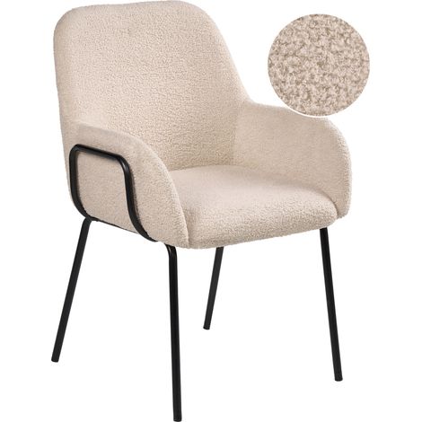 Silla de comedor de bouclé tapizado con reposabrazos diseño retro base patas de hierro beige claro Algona