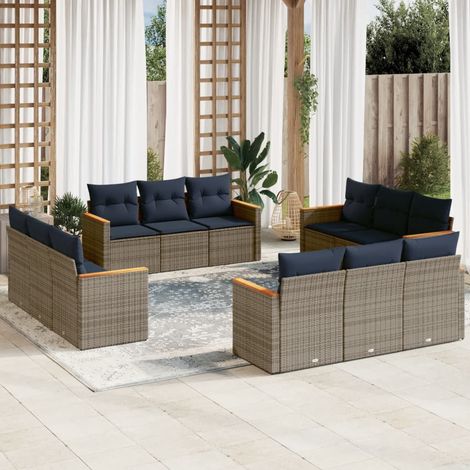 Salon de jardin modulable 12 pièces en résine tressée gris, coussins bleu marine - PANGIVO (1/5)
