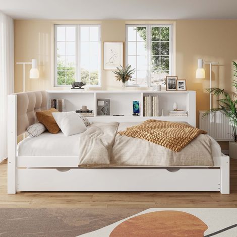 Daybed 90 x 200 cm en pin blanc, lit gigogne avec led dimmable, étagère
et USB, sans matelas (1/5)