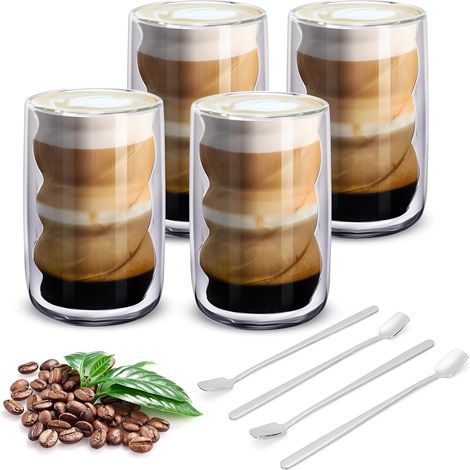 Lot de 4 tasses,verre borosilicate,double paroi,motif spirale,350 ml,avec cuillères,maison,bureau (1/5)