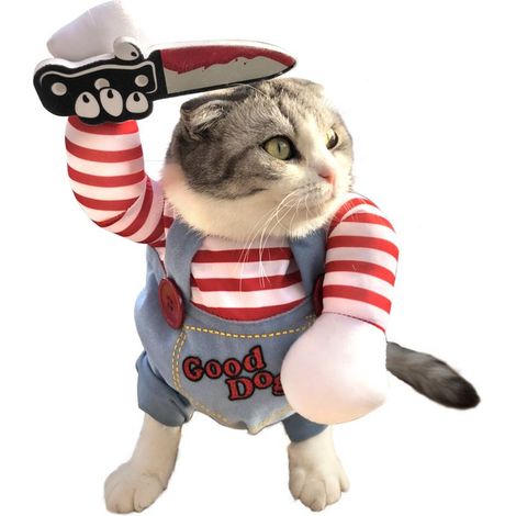 Costume Chien - Déguisement Halloween Pour Chien - Tenue Cosplay Effrayante Avec Perruque Et Accessoire Couteau - Tailles S À XL (1/5)
